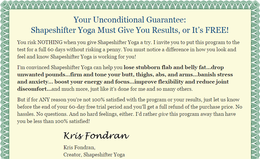 guarantee - Kris Fondran's ShapeShifter Yoga Review : Does it really work?